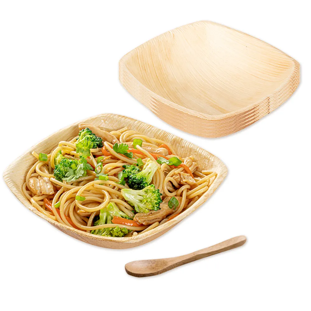 100 Midori 7 oz Square Natural Palm Leaf Small Bowls and 100 Natural Bamboo 3.5" Mini Spoons