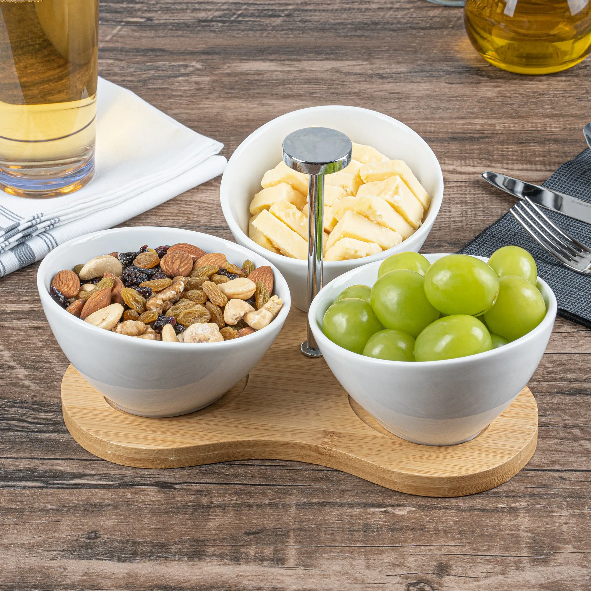 15 oz Rectangle White Porcelain Incline Bowl Set - 3 Bowls, Bamboo Tray - 8 3/4" x 8" x 5" - 1 count box