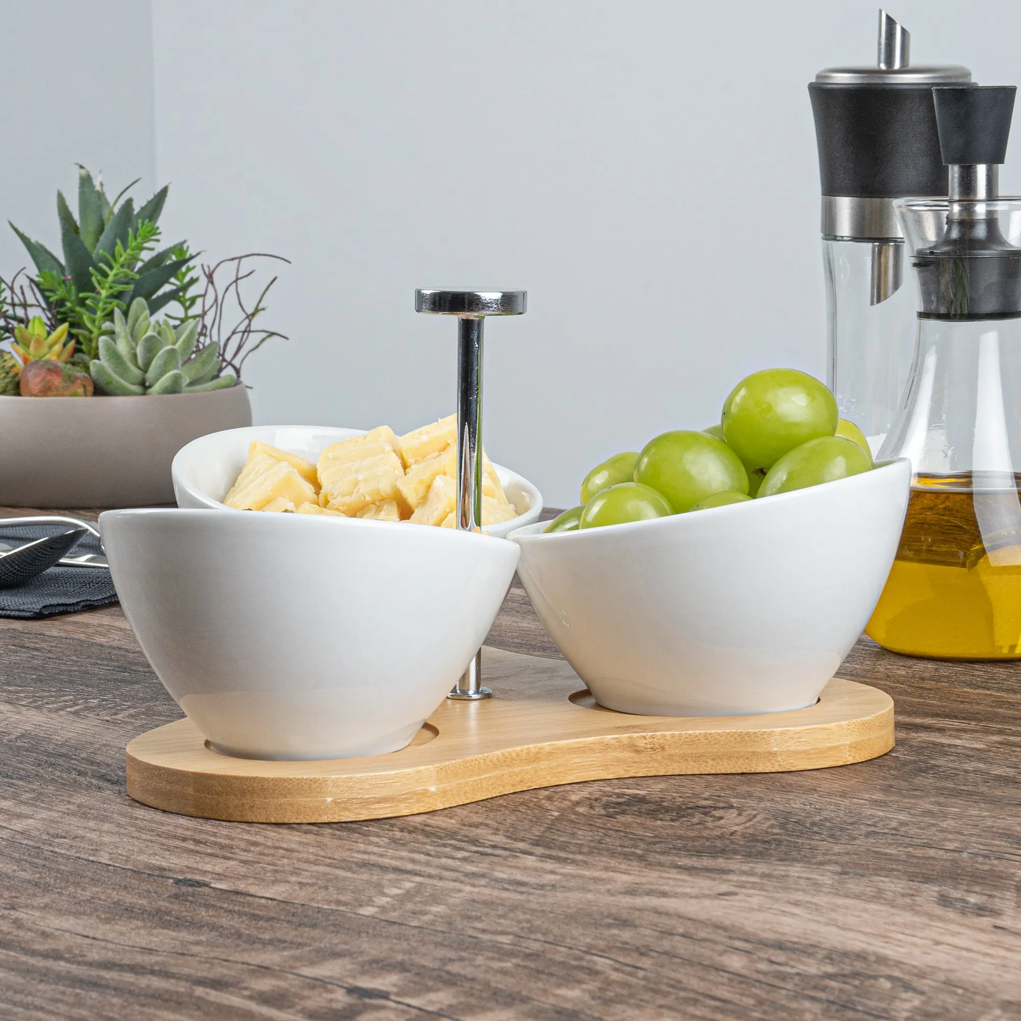 15 oz Rectangle White Porcelain Incline Bowl Set - 3 Bowls, Bamboo Tray - 8 3/4" x 8" x 5" - 1 count box