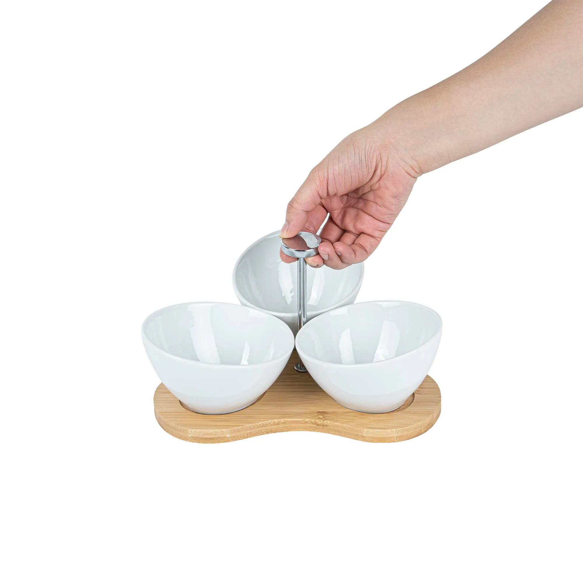 15 oz Rectangle White Porcelain Incline Bowl Set - 3 Bowls, Bamboo Tray - 8 3/4" x 8" x 5" - 1 count box