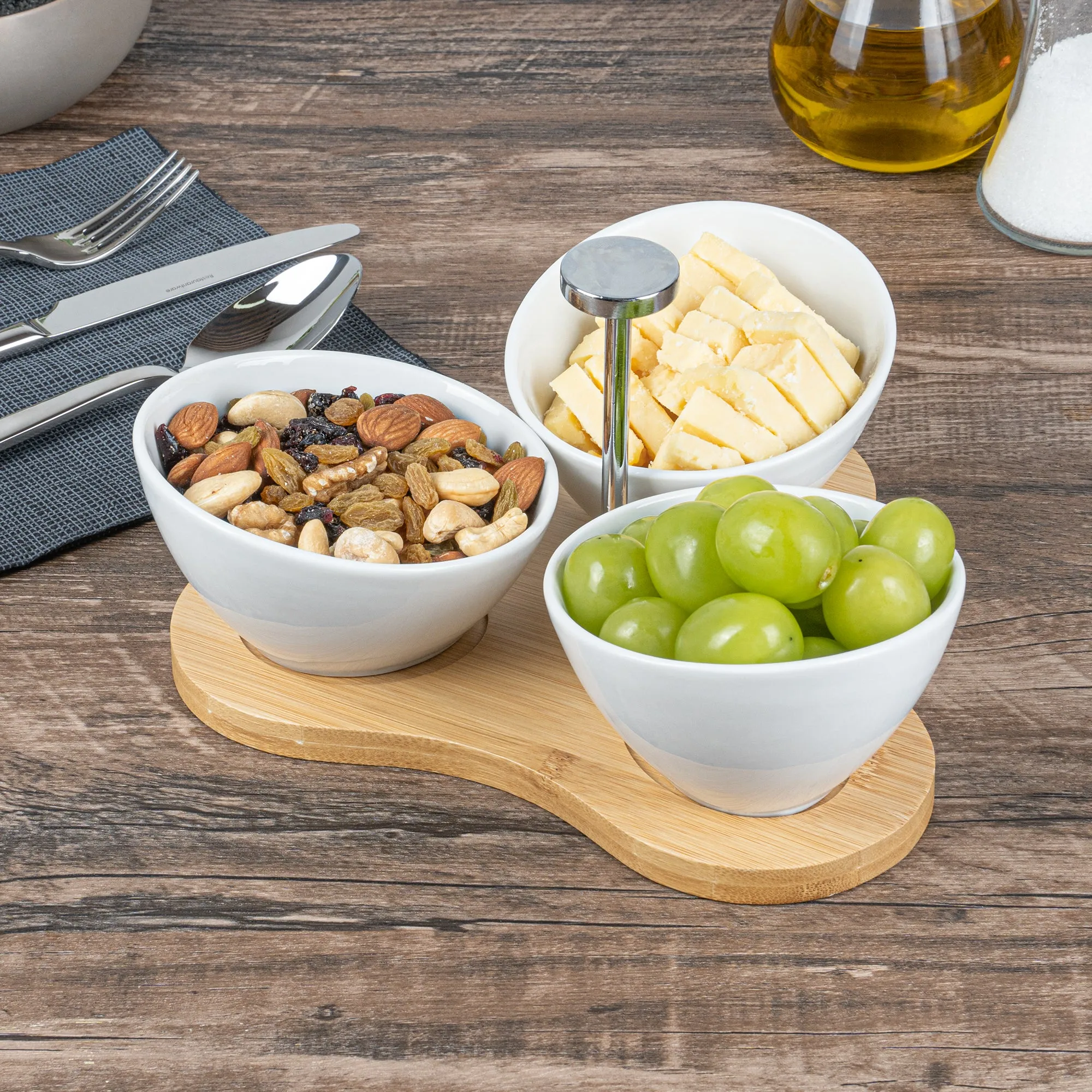 15 oz Rectangle White Porcelain Incline Bowl Set - 3 Bowls, Bamboo Tray - 8 3/4" x 8" x 5" - 1 count box