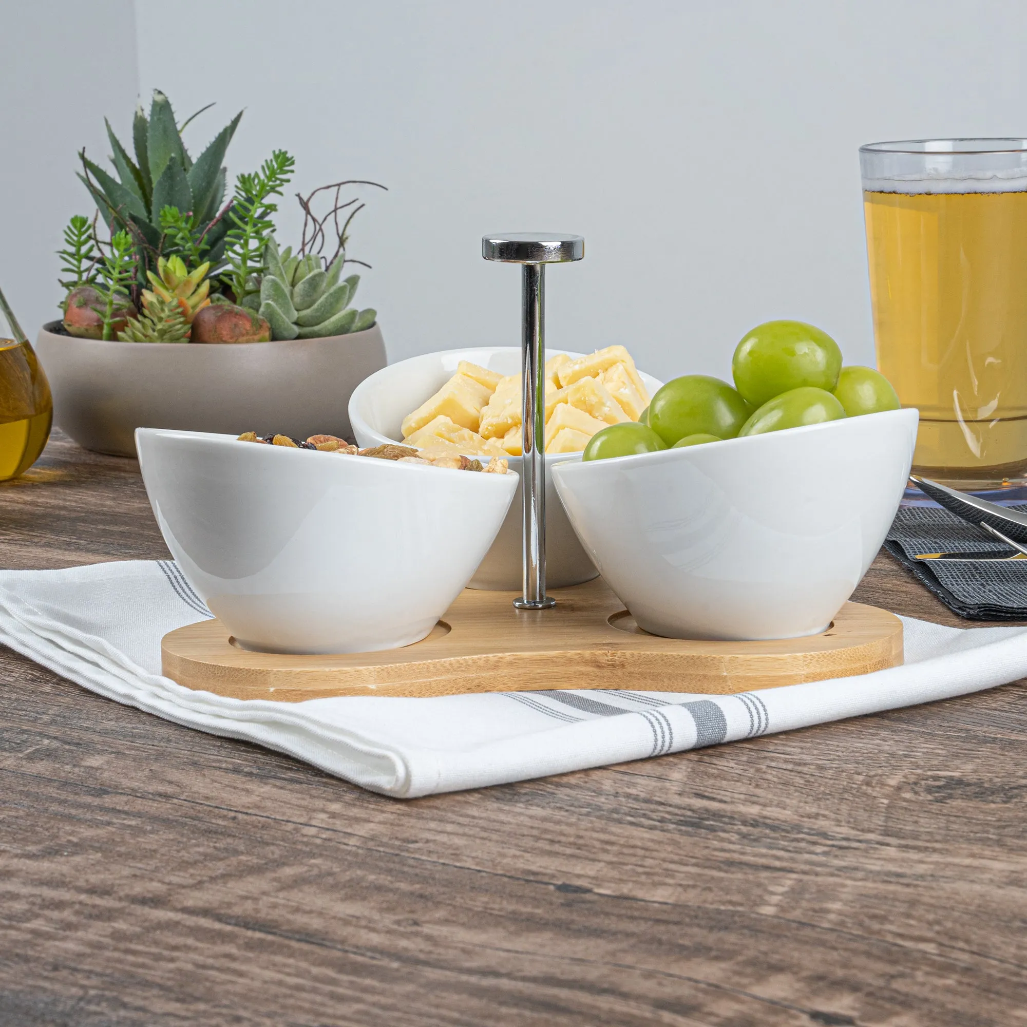 15 oz Rectangle White Porcelain Incline Bowl Set - 3 Bowls, Bamboo Tray - 8 3/4" x 8" x 5" - 1 count box