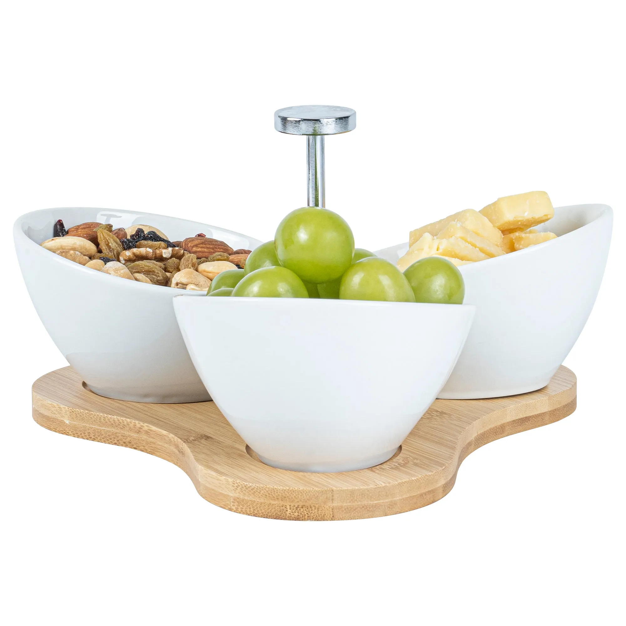 15 oz Rectangle White Porcelain Incline Bowl Set - 3 Bowls, Bamboo Tray - 8 3/4" x 8" x 5" - 1 count box