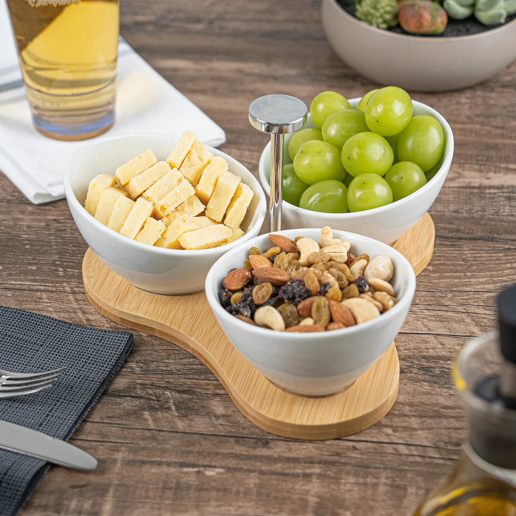 15 oz Rectangle White Porcelain Incline Bowl Set - 3 Bowls, Bamboo Tray - 8 3/4" x 8" x 5" - 1 count box