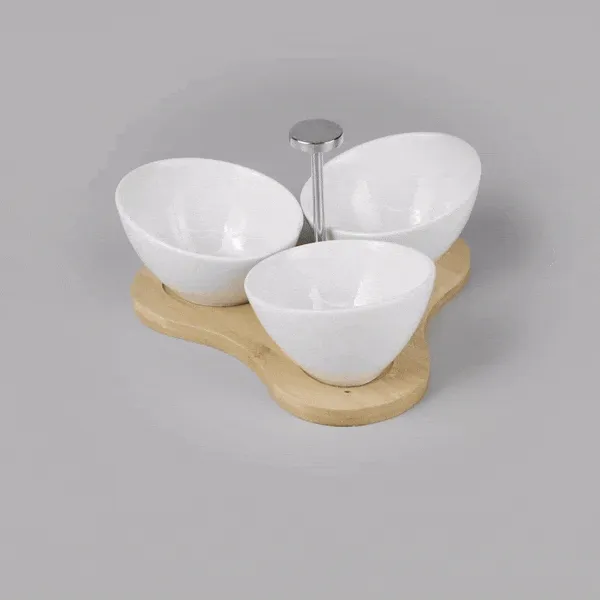 15 oz Rectangle White Porcelain Incline Bowl Set - 3 Bowls, Bamboo Tray - 8 3/4" x 8" x 5" - 1 count box