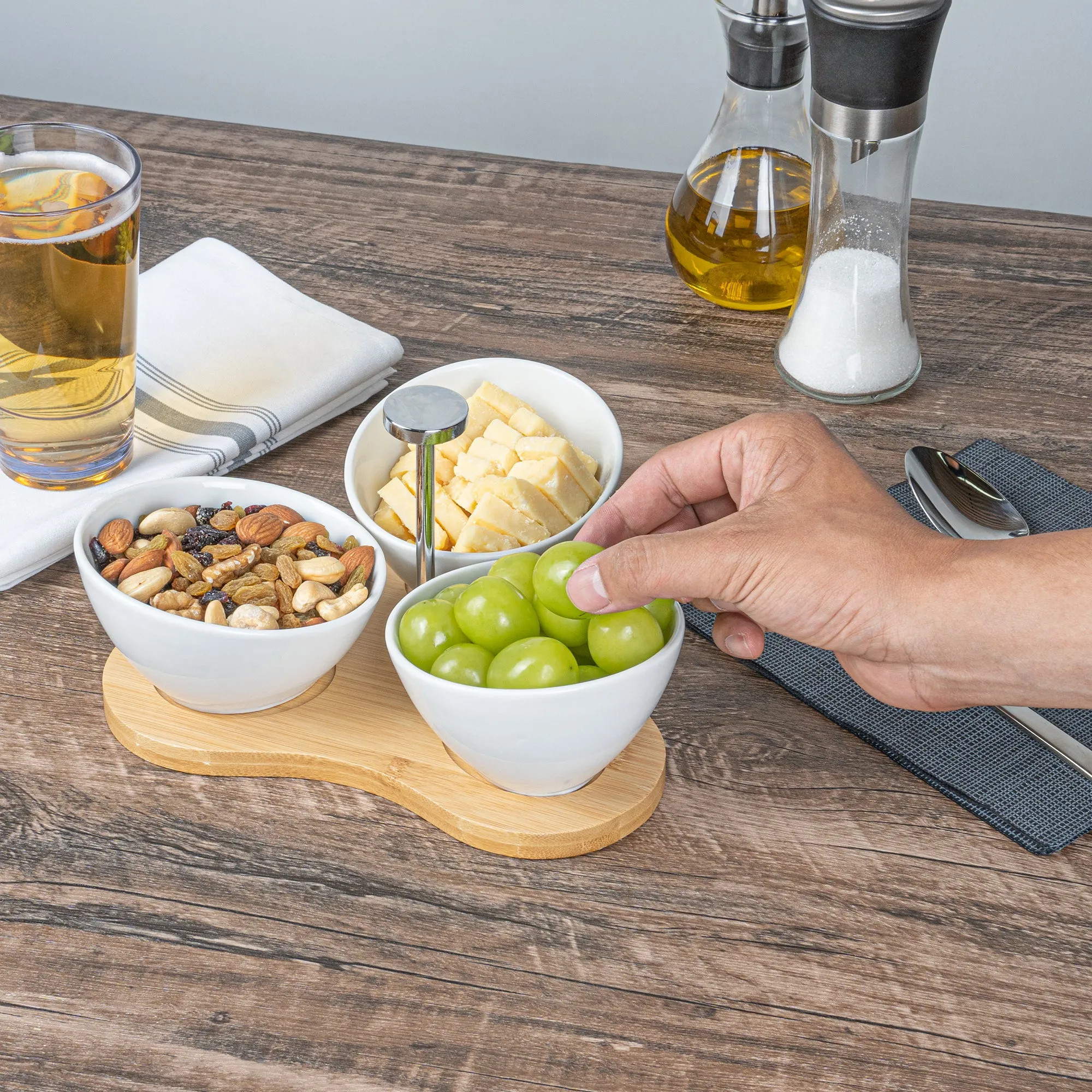 15 oz Rectangle White Porcelain Incline Bowl Set - 3 Bowls, Bamboo Tray - 8 3/4" x 8" x 5" - 1 count box