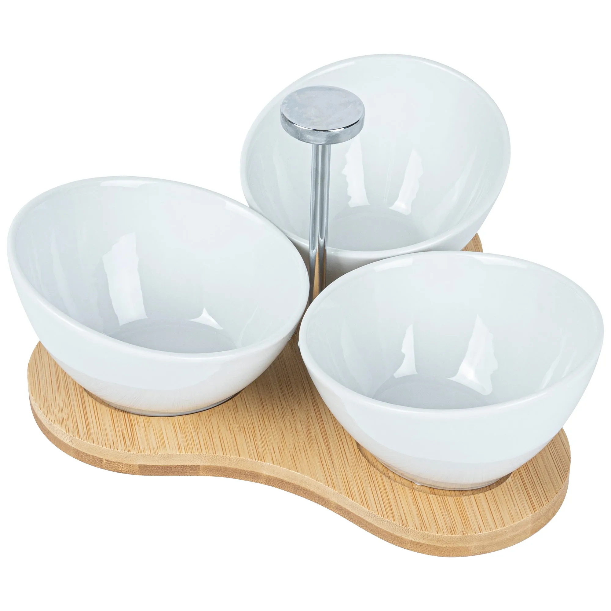 15 oz Rectangle White Porcelain Incline Bowl Set - 3 Bowls, Bamboo Tray - 8 3/4" x 8" x 5" - 1 count box