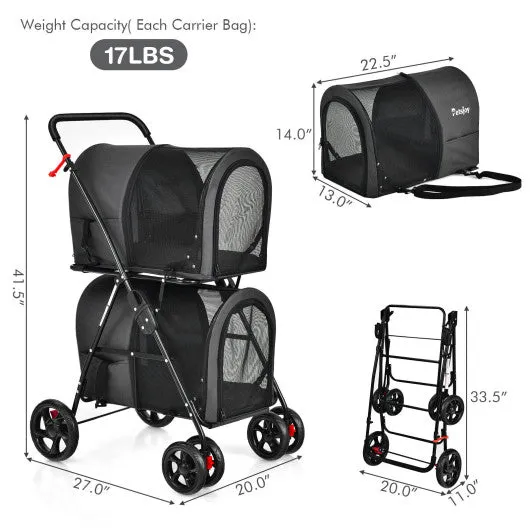 4-in-1 Double Pet Stroller with Detachable Carrier and Travel Carriage-Black