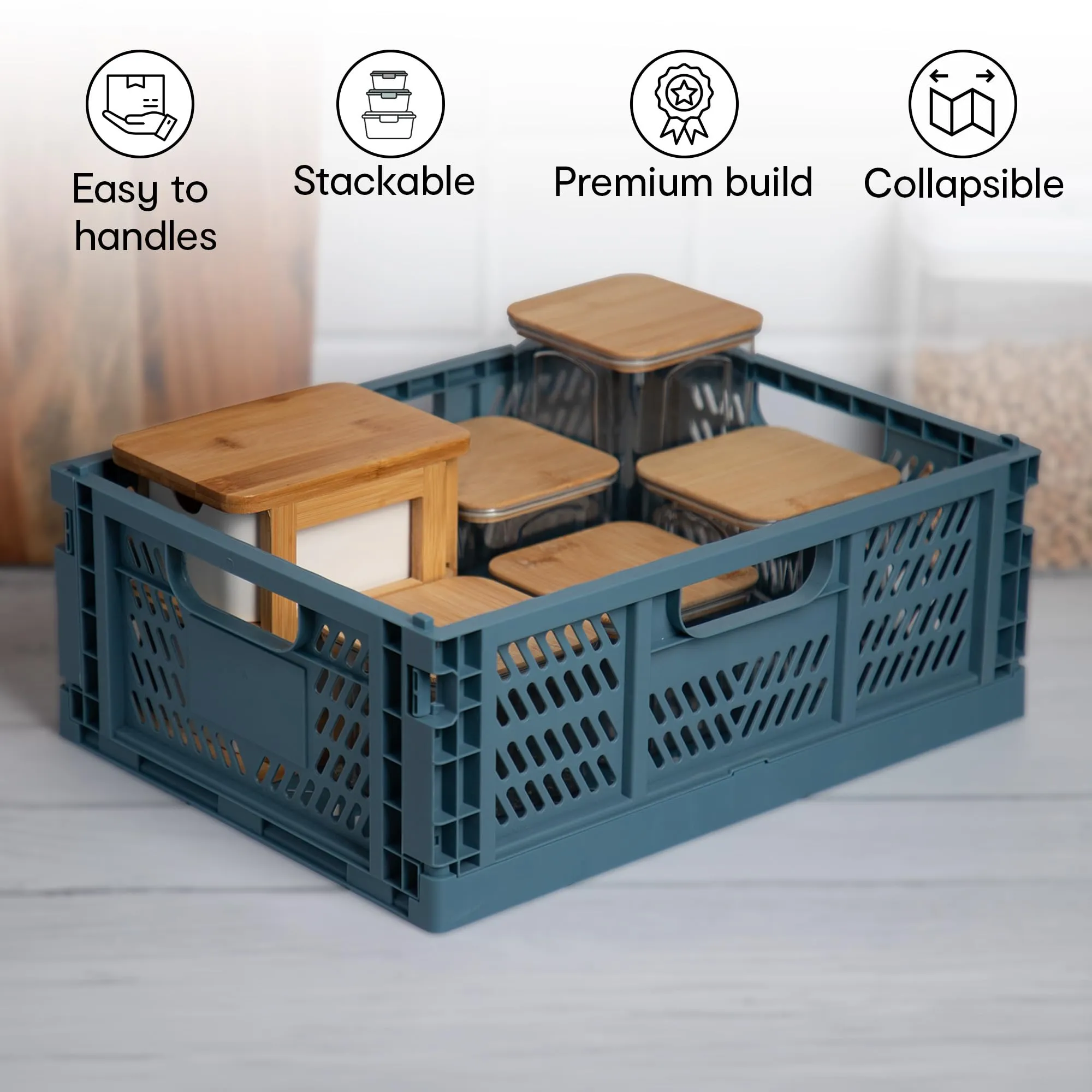 Anko Multipurpose Plastic Storage Collapsible Crate | Foldable Stackable Closet Organizer drawer for Kitchen, Bedroom, Bathroom, Kids Room, Wardrobe, Almirah | 3kg capacity, Blue, 40 x 30 x 15cm