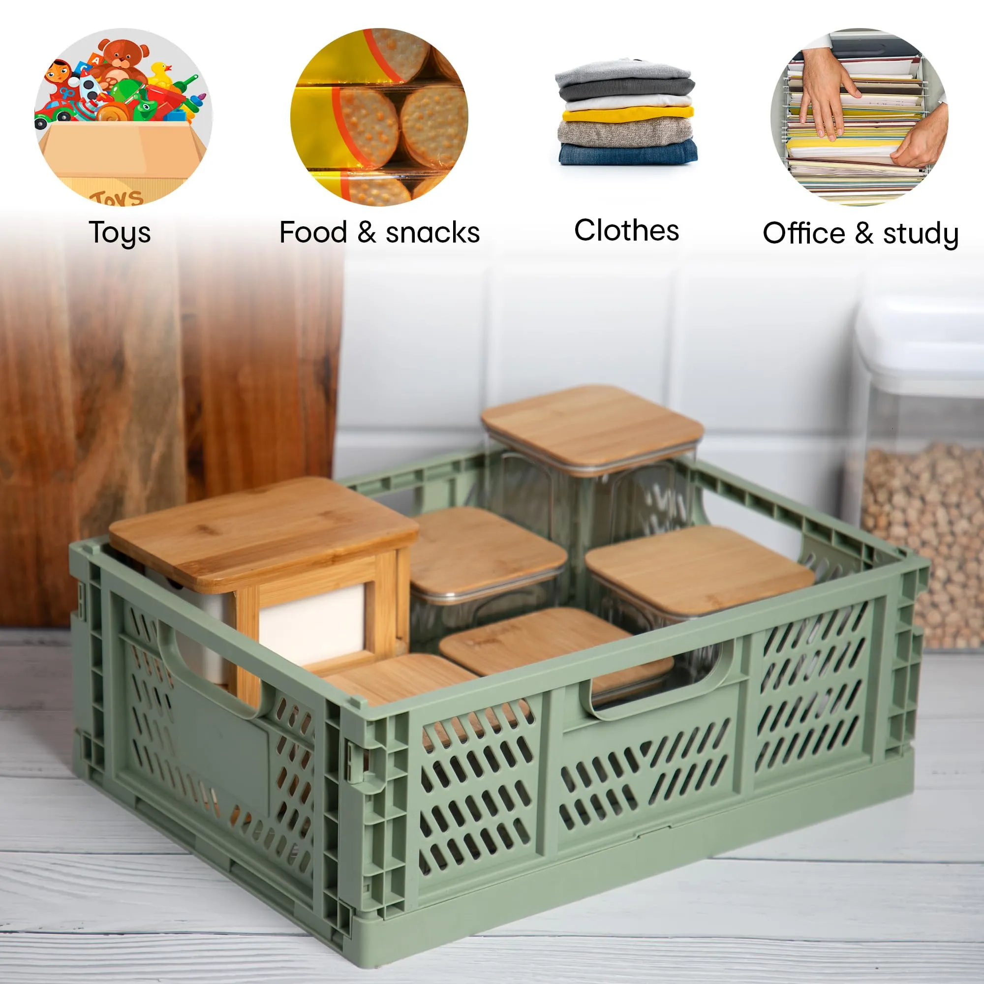 Anko Multipurpose Plastic Storage Collapsible Crate | Foldable Stackable Closet Organizer drawer for Kitchen, Bedroom, Bathroom, Kids Room, Wardrobe, Almirah | 3kg capacity, Green, 40 x 30 x 15cm