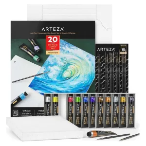 Arteza Metallic Acrylic Painting Set 12 Tubes 15 Brushes 20 Sheets