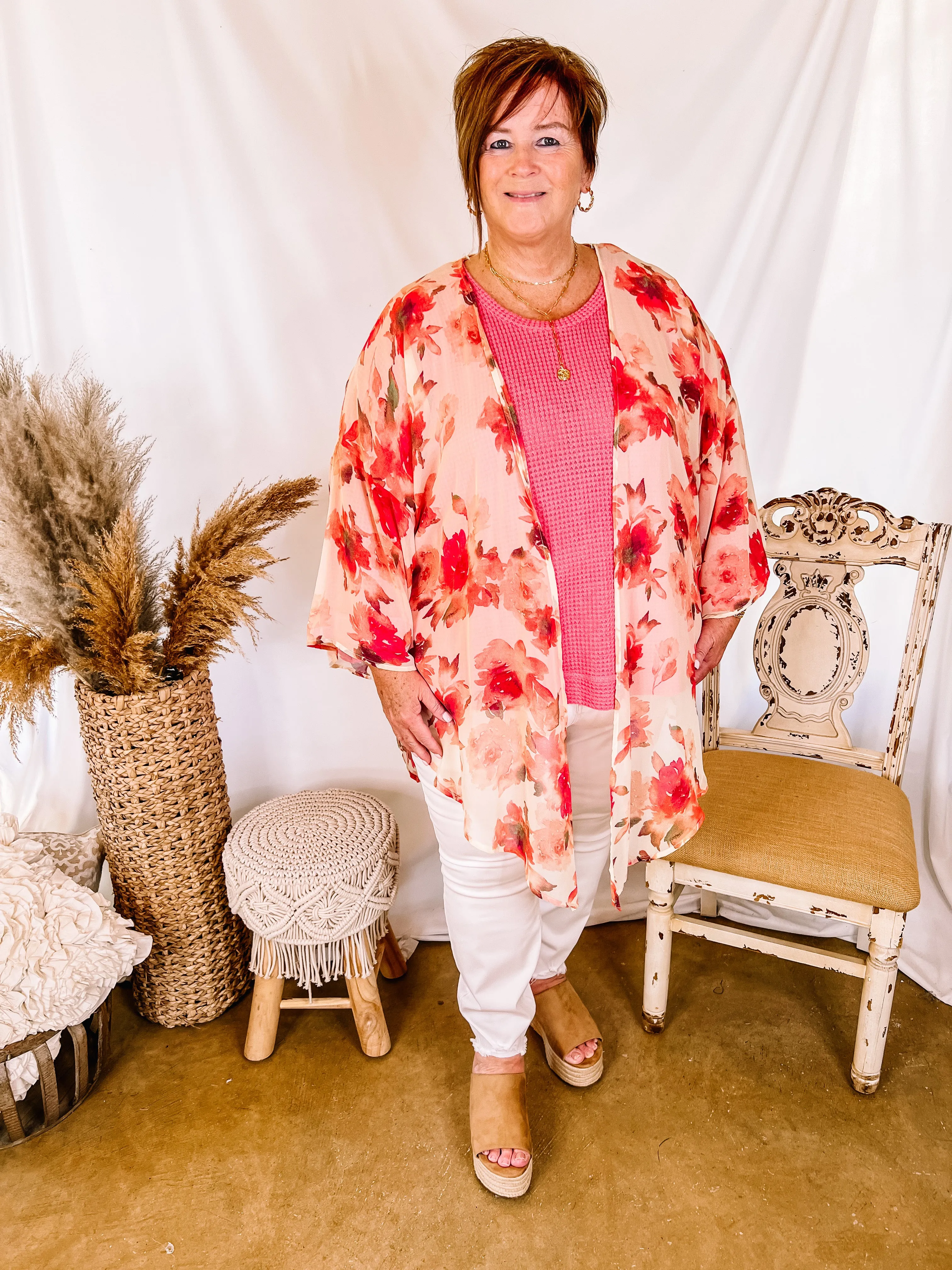 Cabana Hour Open Front Floral Kimono in Ivory and Pink