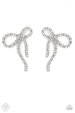 Deluxe Duet White Pearl & Rhinestone Bow Earrings - Paparazzi Accessories