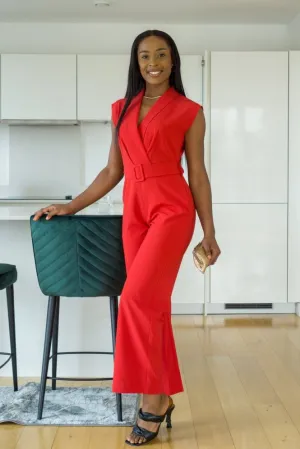 Double Second Red Belted Wrap Jumpsuit