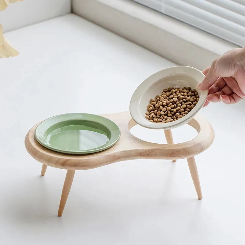 Elevated Double Ceramic Pet Bowls with Wooden Stand