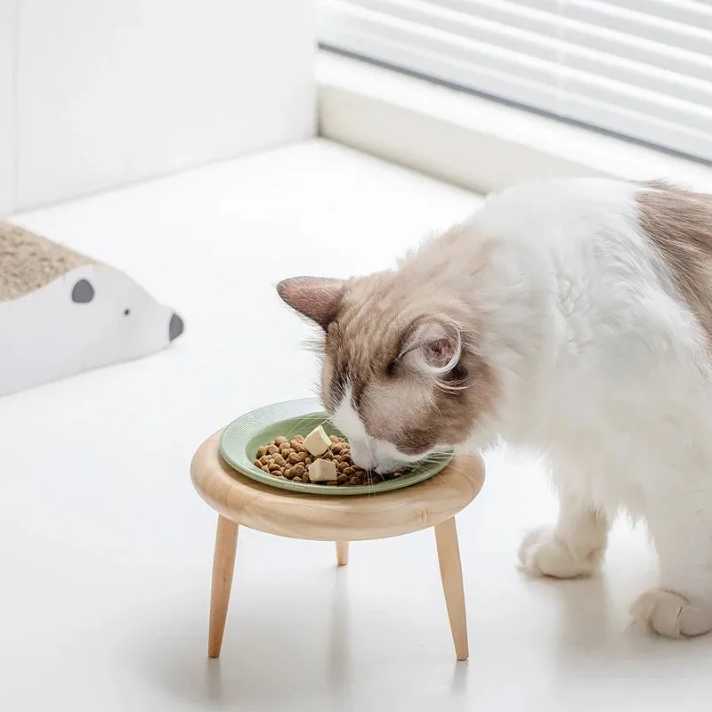 Elevated Double Ceramic Pet Bowls with Wooden Stand