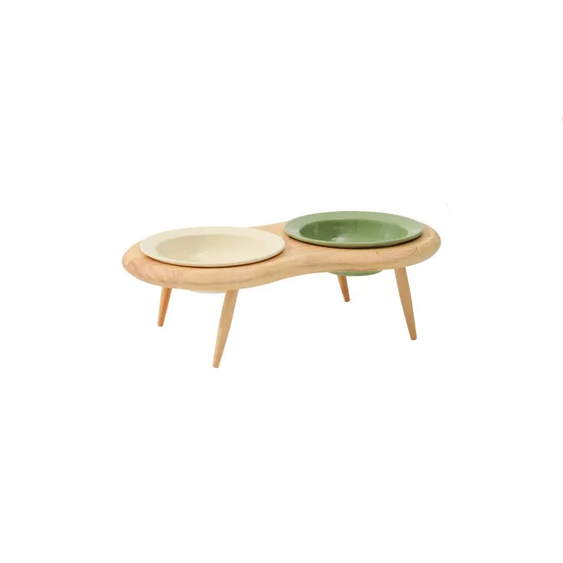 Elevated Double Ceramic Pet Bowls with Wooden Stand