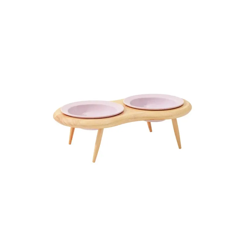 Elevated Double Ceramic Pet Bowls with Wooden Stand