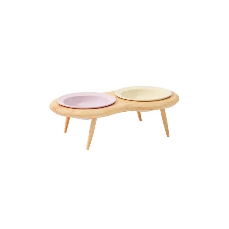 Elevated Double Ceramic Pet Bowls with Wooden Stand