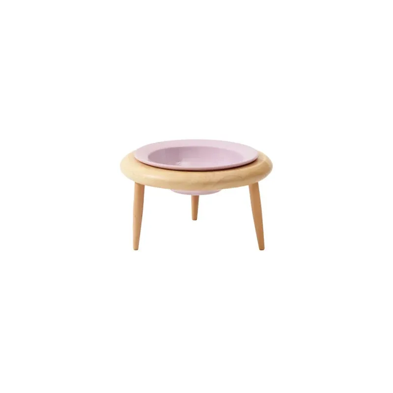 Elevated Double Ceramic Pet Bowls with Wooden Stand