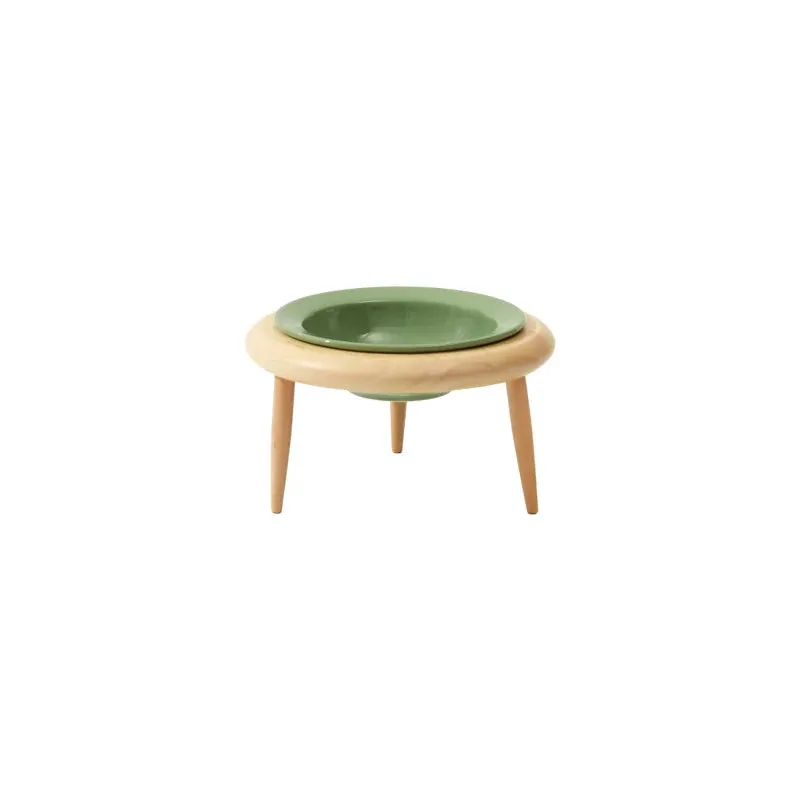 Elevated Double Ceramic Pet Bowls with Wooden Stand