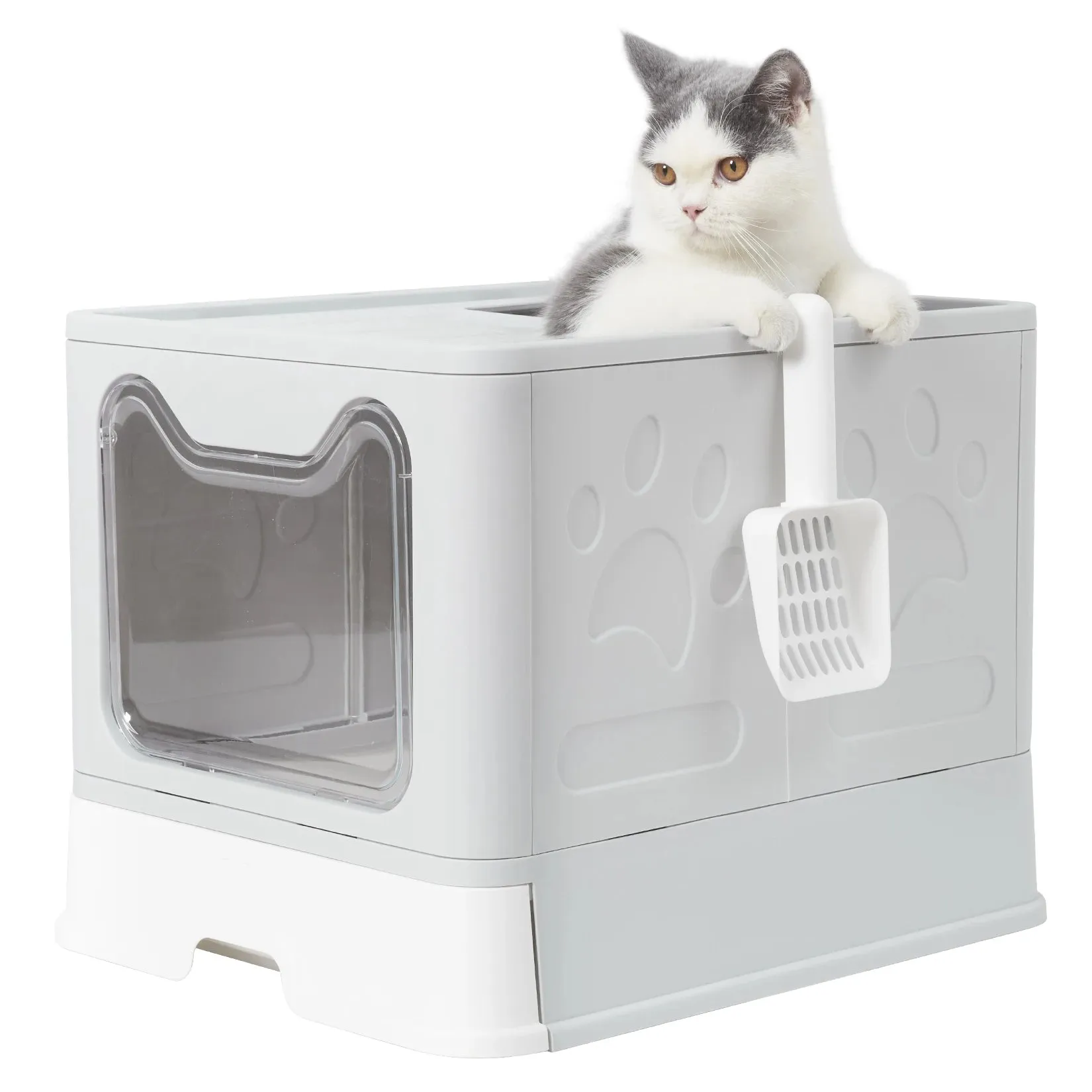 Extra Large Hooded Cat Litter Box with Top Entry and Drawer