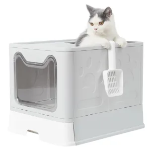 Extra Large Hooded Cat Litter Box with Top Entry and Drawer