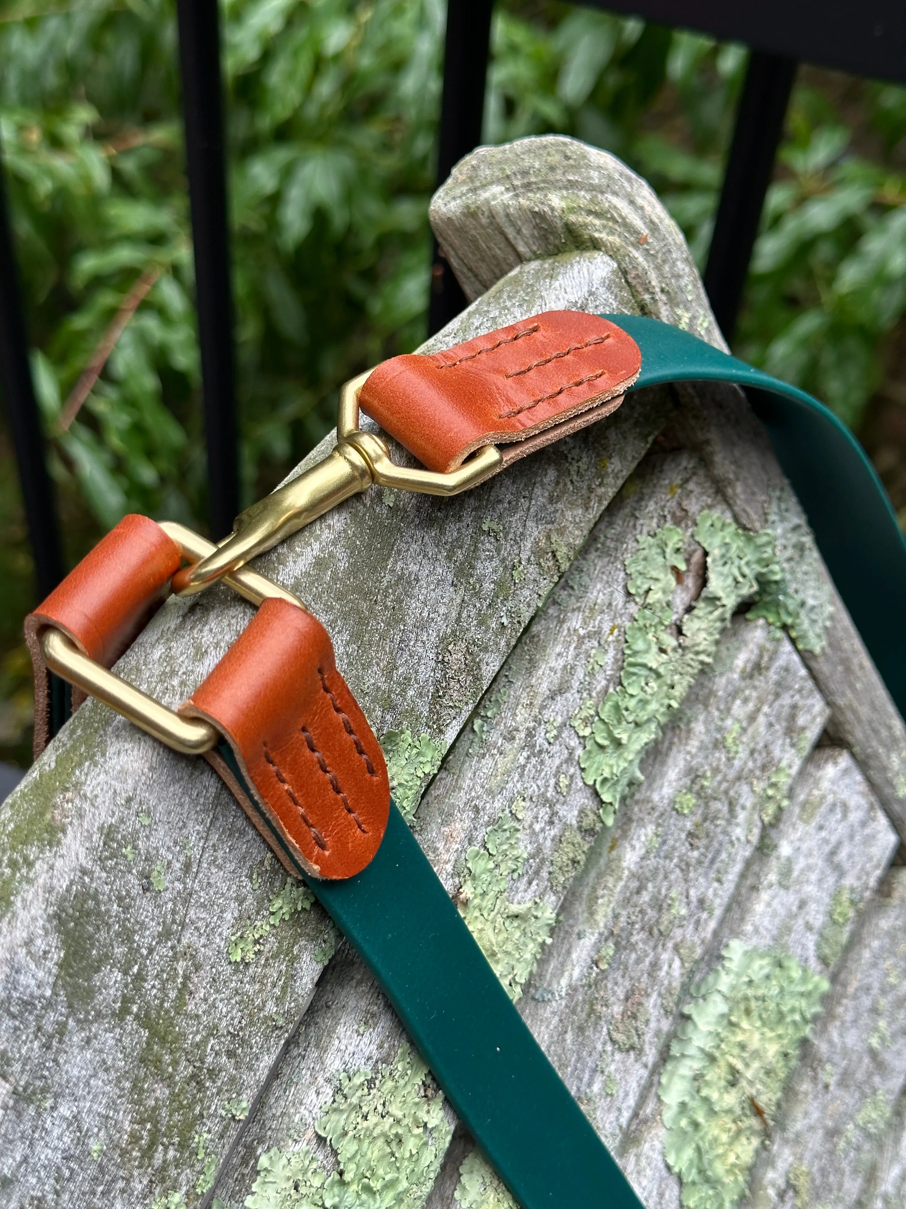 Forest Green Biothane & Chestnut Bridle Leather Dog Lead,  w/Separate Handle