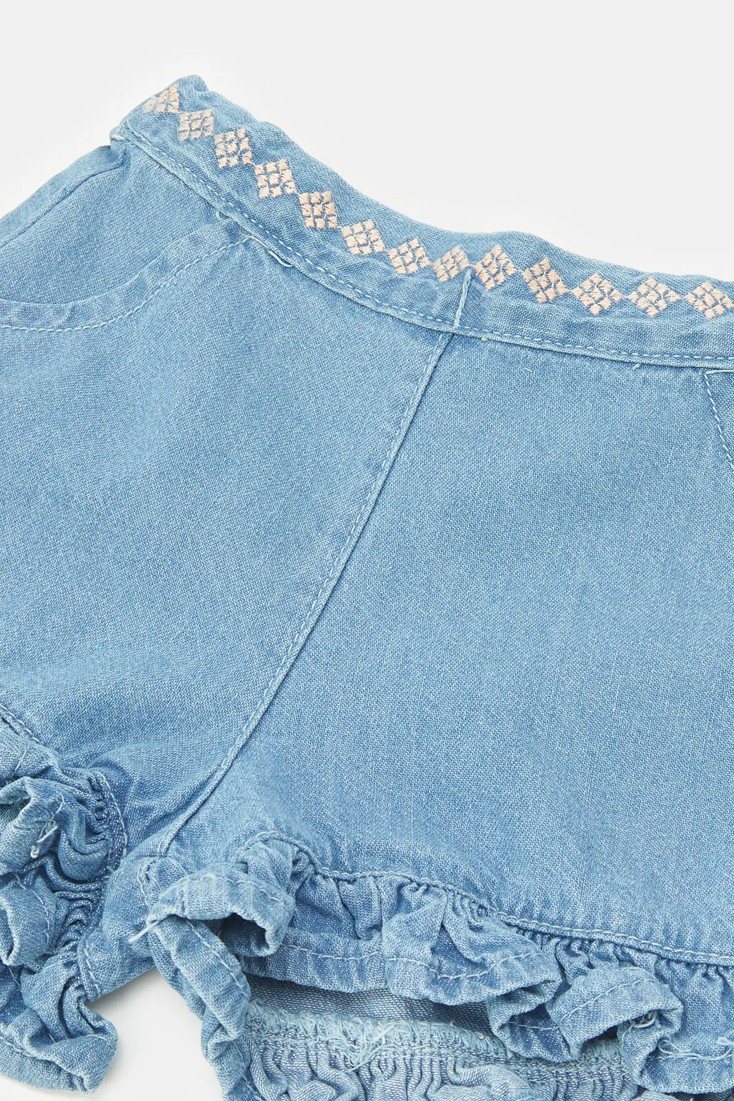 Infant Girls Blue Embroidered Shorts