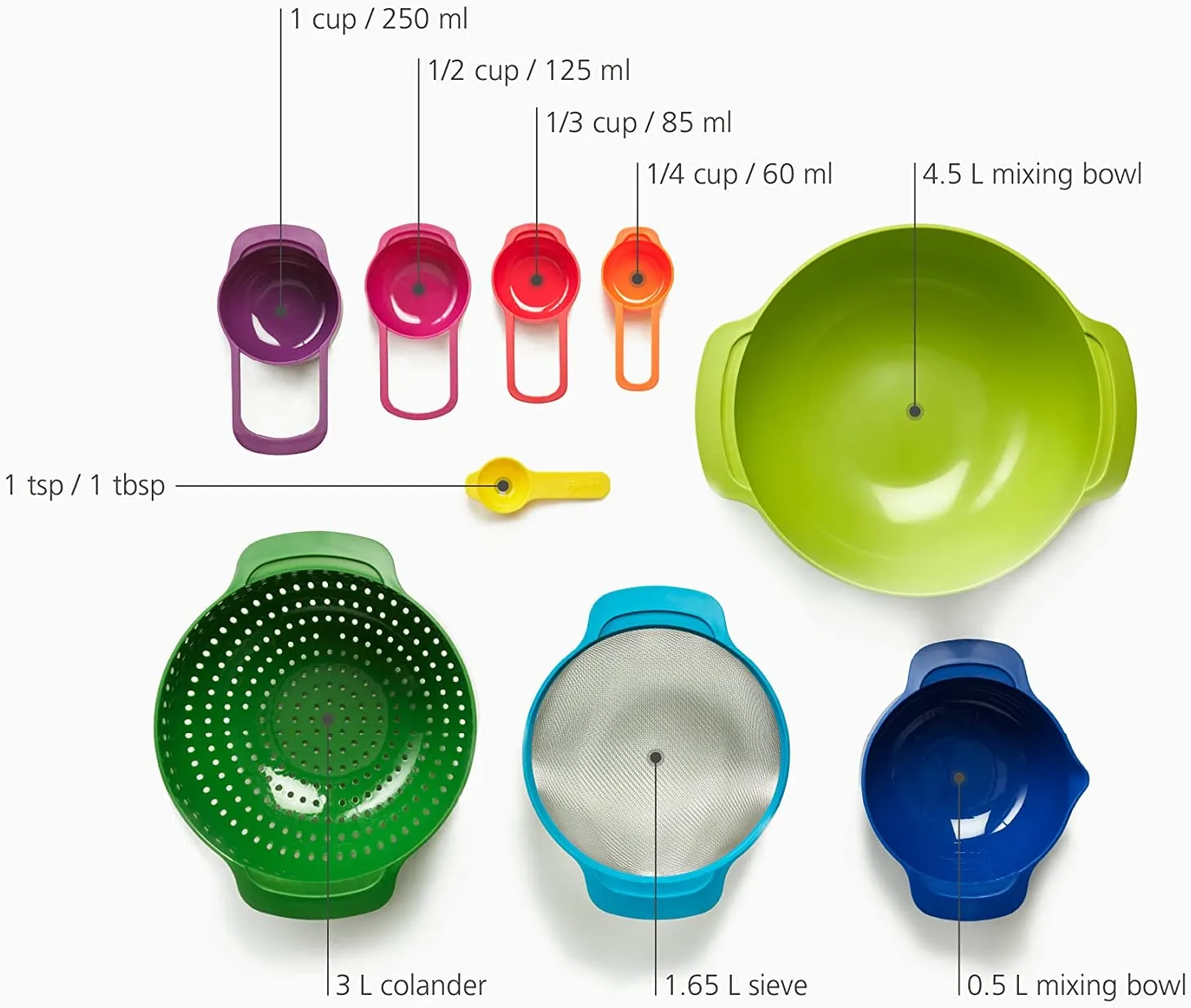 Ingeniuso Mixing Bowls and Measuring Cups with Sieve Colander (9-Piece)