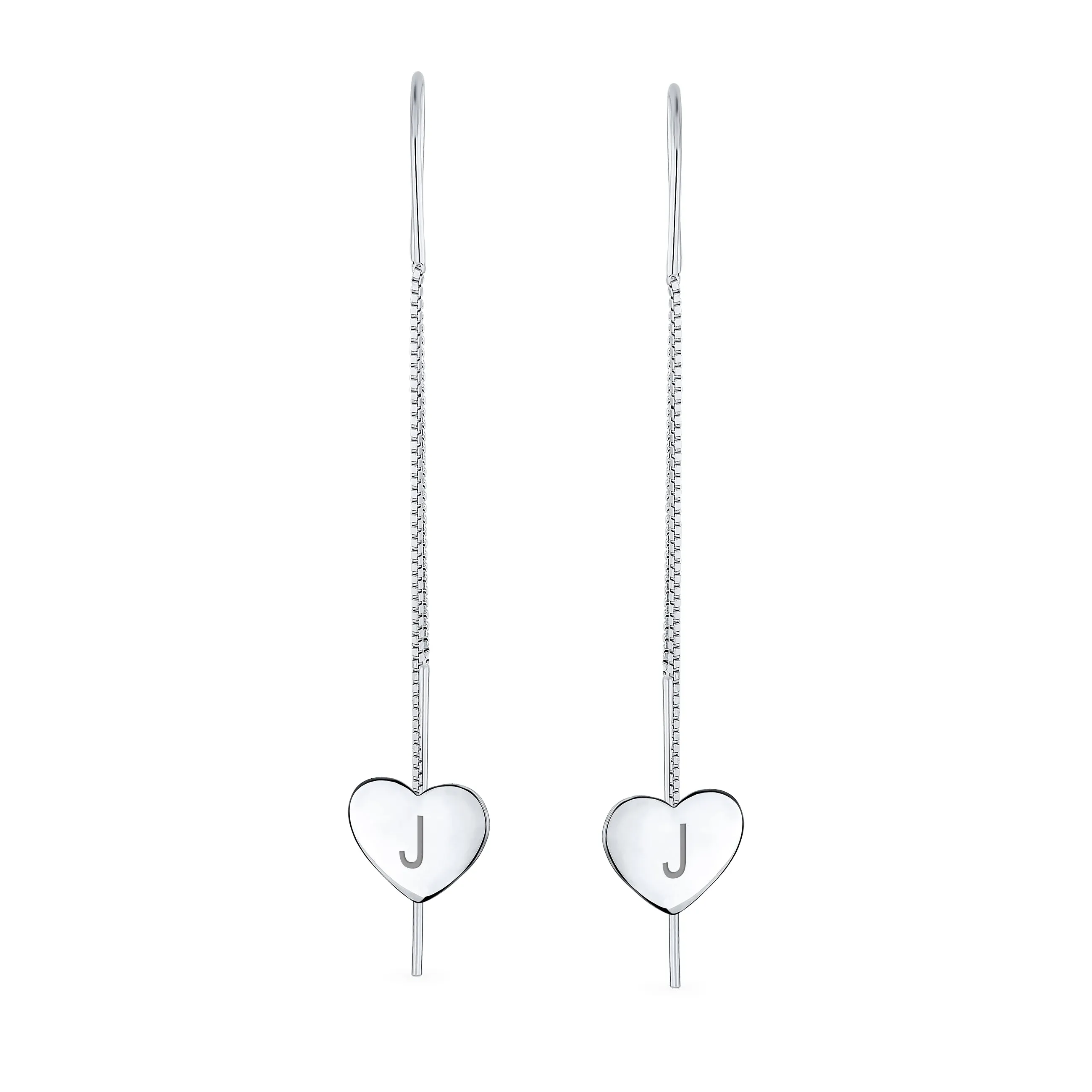 Initial Alphabet A-Z Lightweight Heart Chain Dangle Earrings Sterling Silver Hook