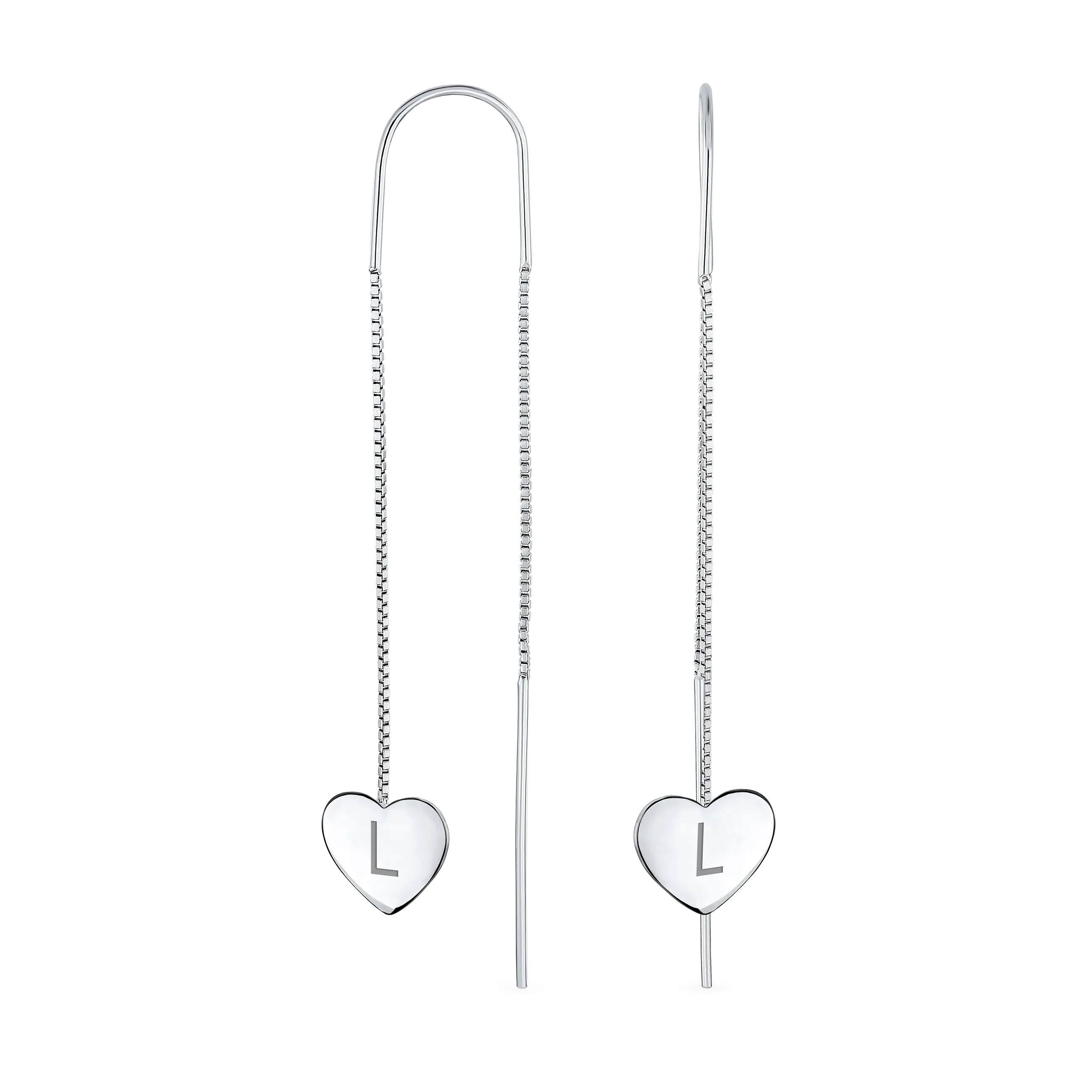 Initial Alphabet A-Z Lightweight Heart Chain Dangle Earrings Sterling Silver Hook