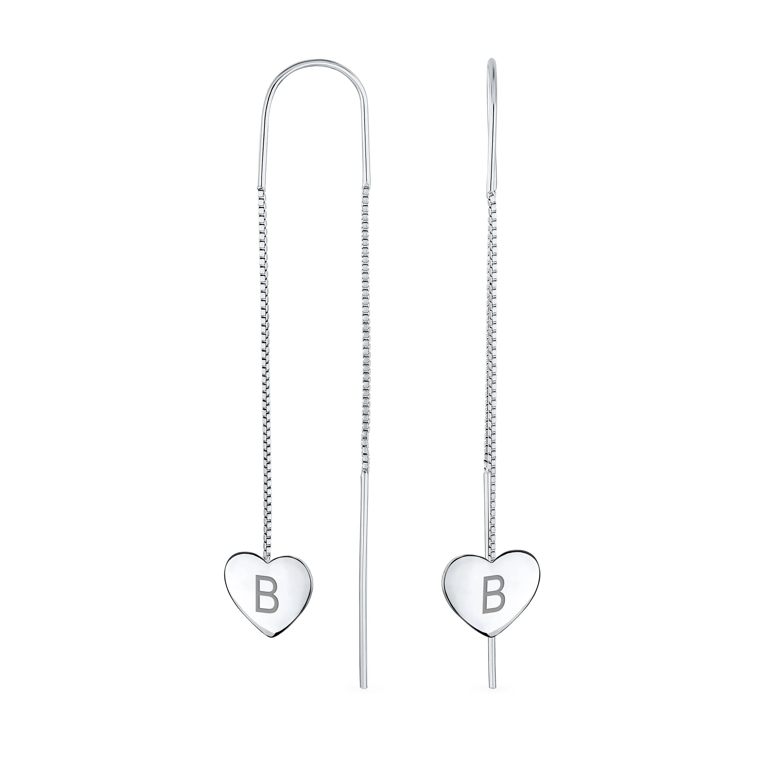 Initial Alphabet A-Z Lightweight Heart Chain Dangle Earrings Sterling Silver Hook