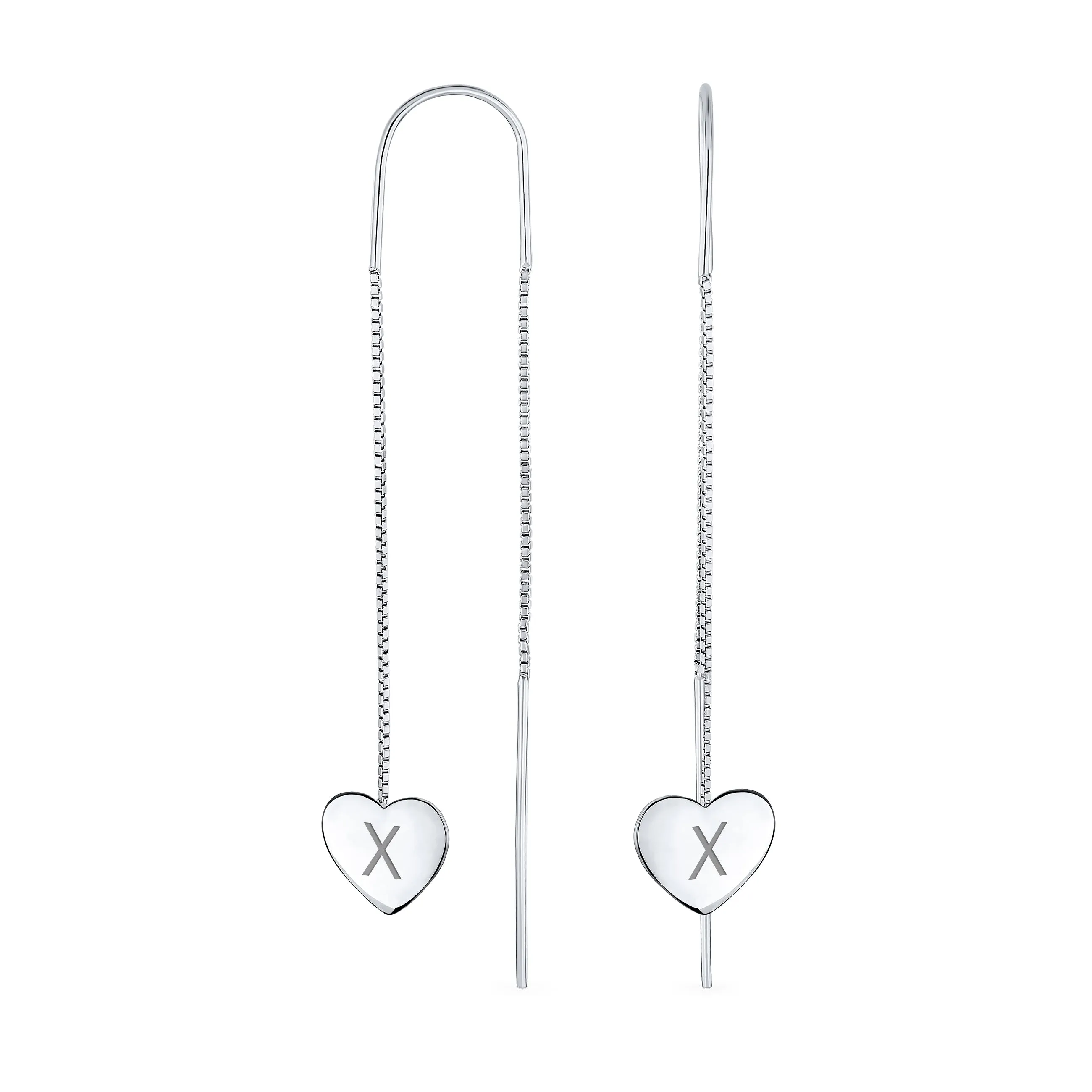 Initial Alphabet A-Z Lightweight Heart Chain Dangle Earrings Sterling Silver Hook