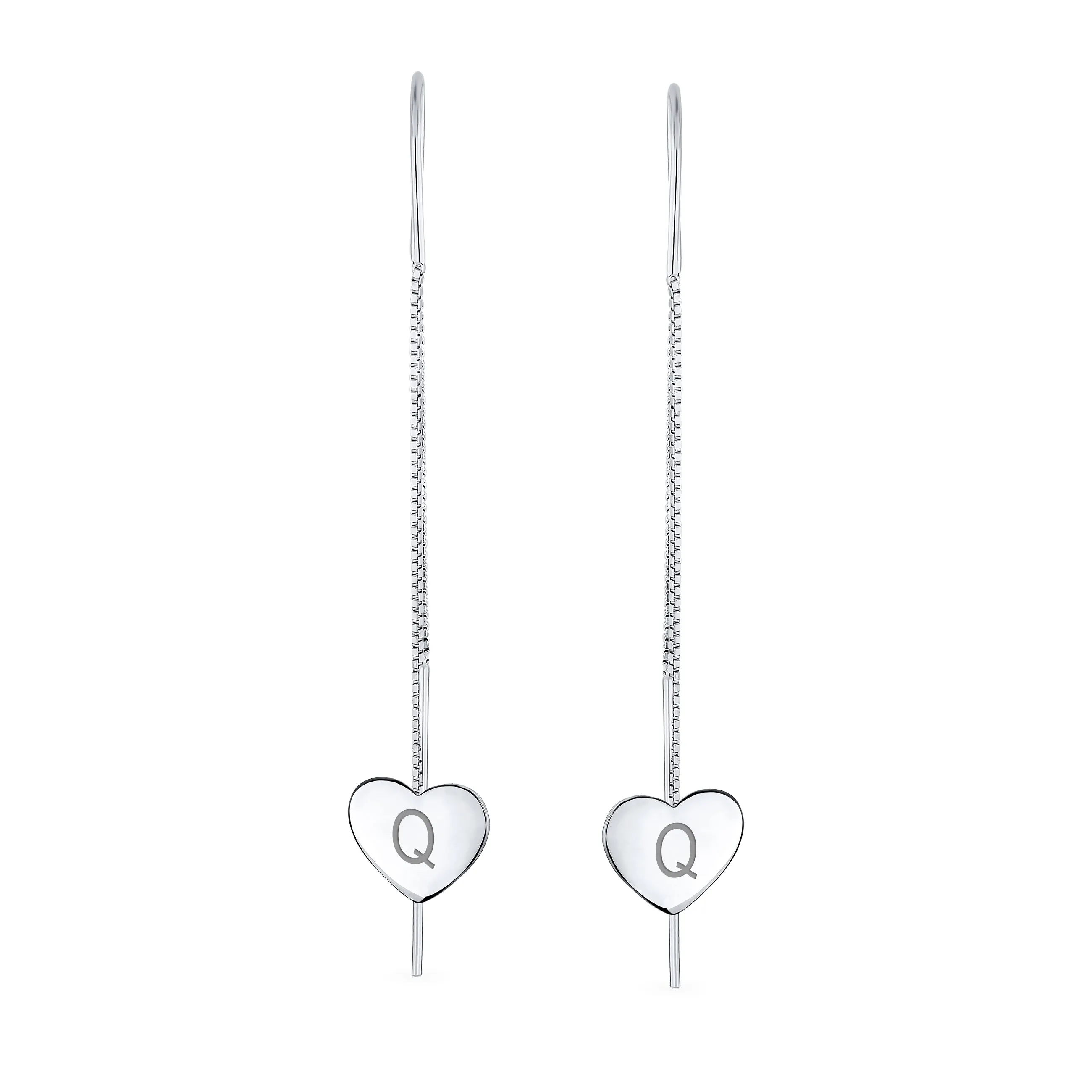 Initial Alphabet A-Z Lightweight Heart Chain Dangle Earrings Sterling Silver Hook