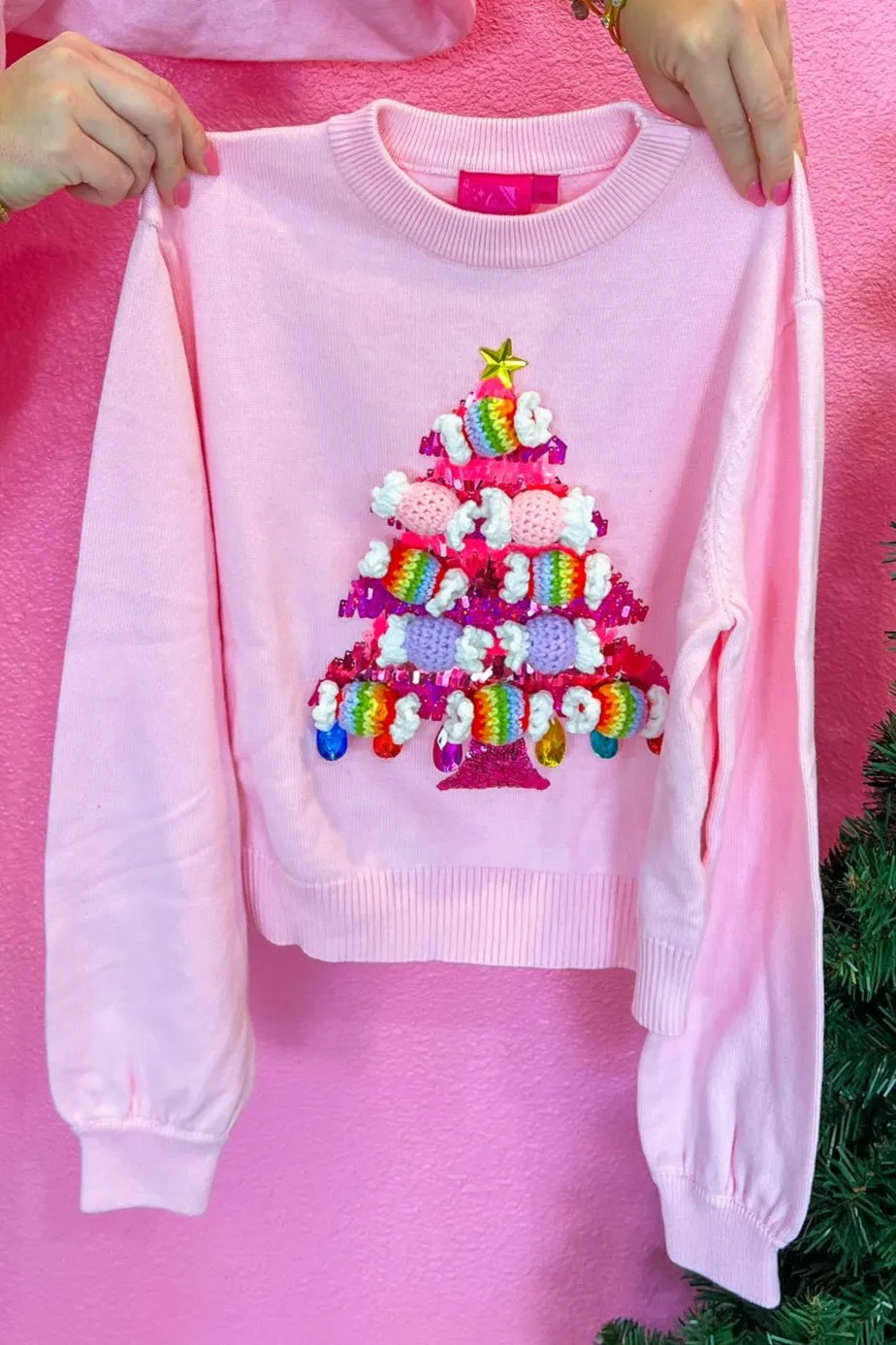 Kids Knit Bon Bon Christmas Tree Sweater - Light Pink