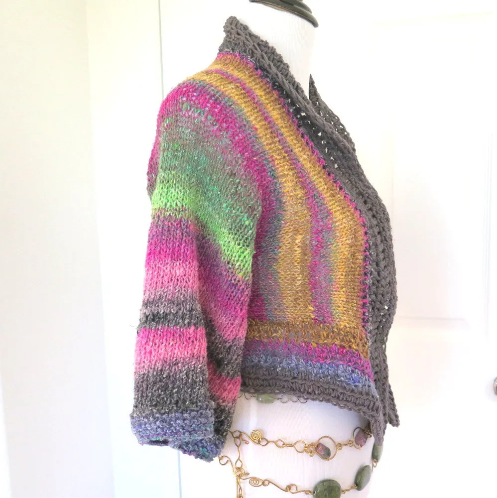 Luxury Hand Knit Sweater Shrug, Colorful Silk Wool Blend Shrug