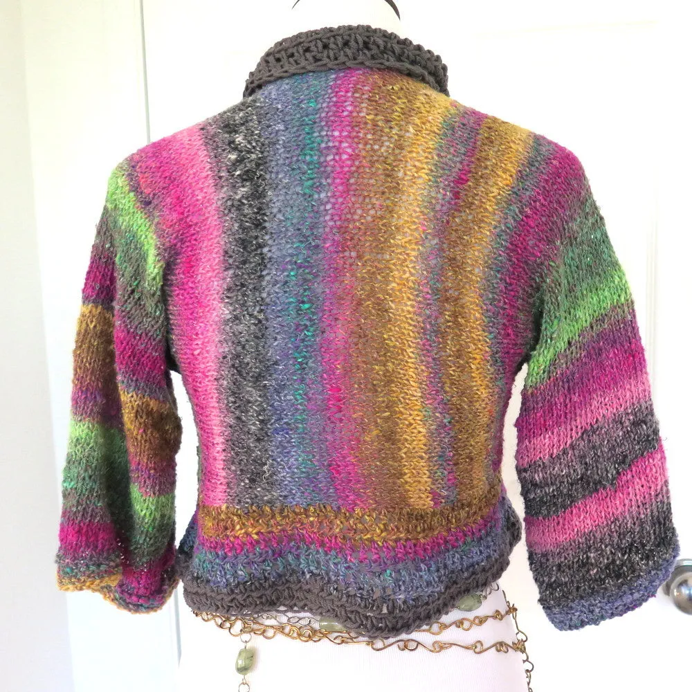 Luxury Hand Knit Sweater Shrug, Colorful Silk Wool Blend Shrug