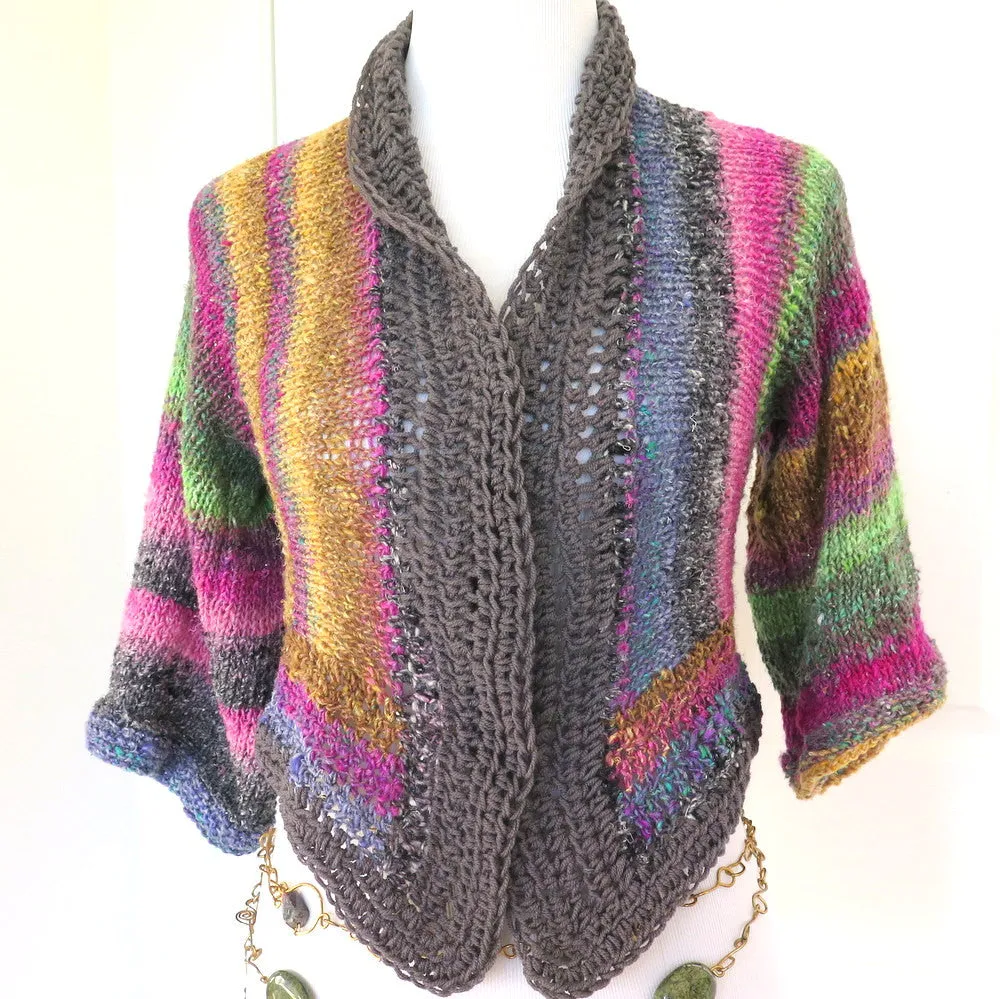 Luxury Hand Knit Sweater Shrug, Colorful Silk Wool Blend Shrug