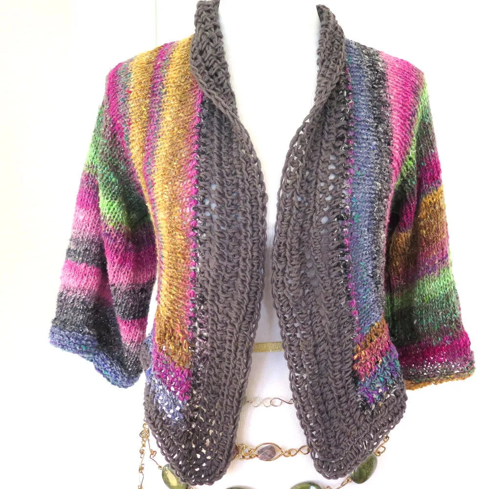 Luxury Hand Knit Sweater Shrug, Colorful Silk Wool Blend Shrug