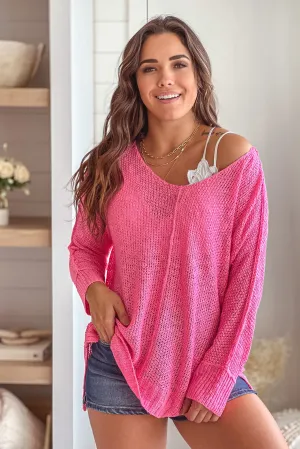 Neon Pink V-Neck Knit Top With Long Sleeves