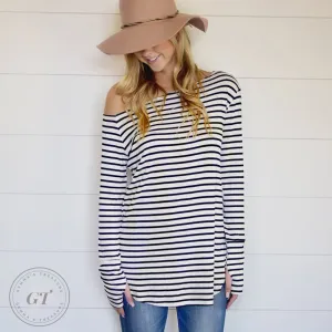 Off Shoulder Striped Sweater Top w/thumb holes