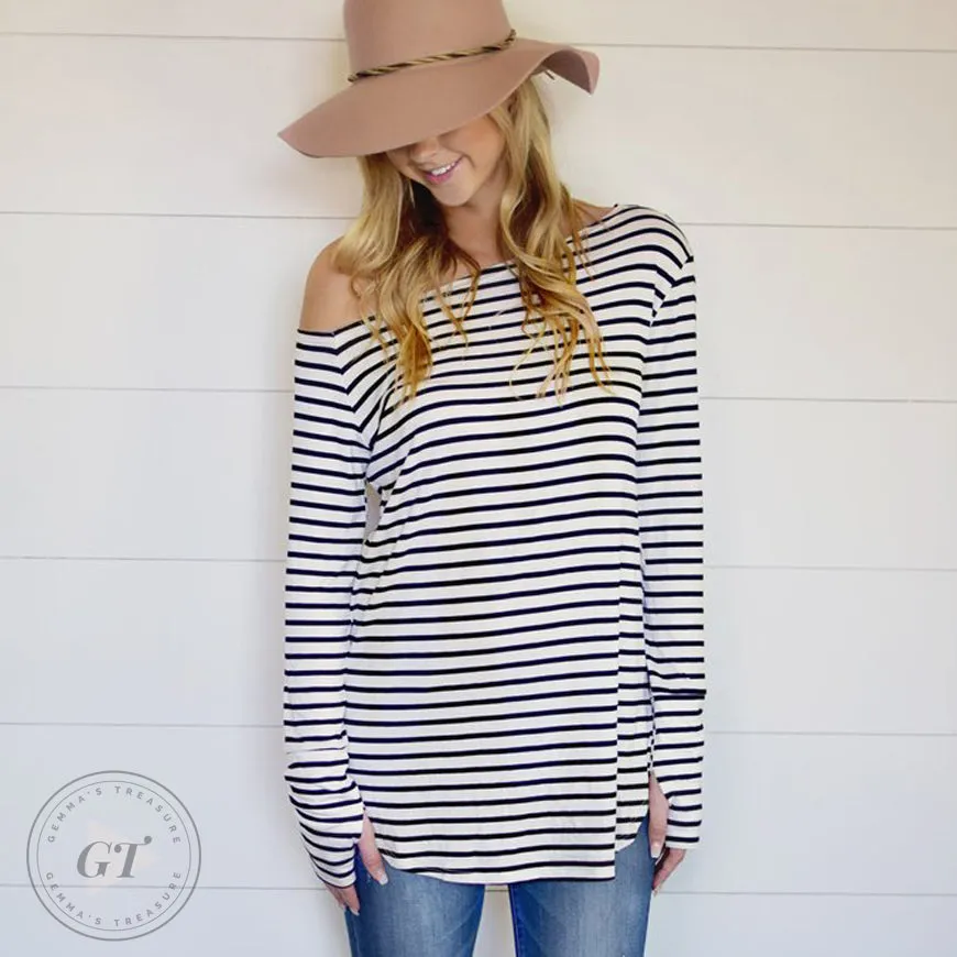 Off Shoulder Striped Sweater Top w/thumb holes