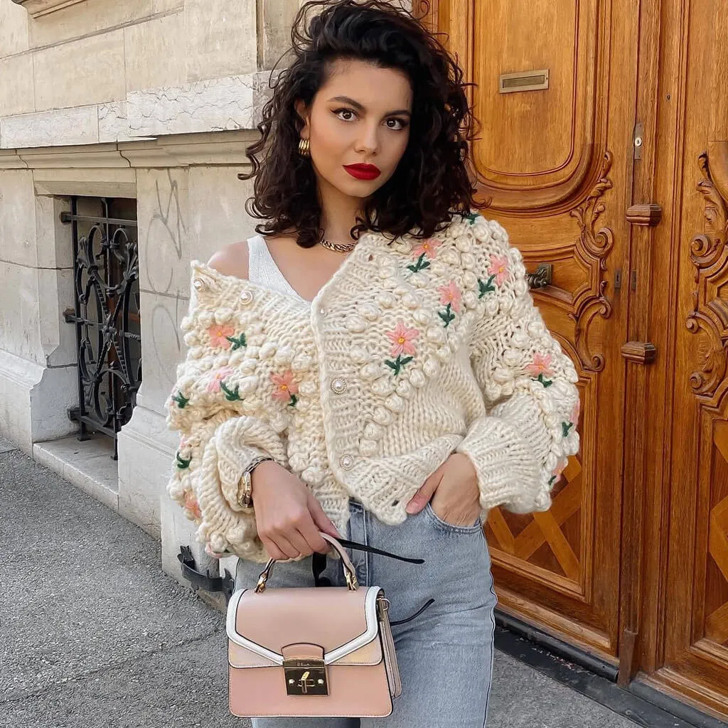 Oversized Long Sleeve Button Up Crochet Floral Cardigan - Apricot