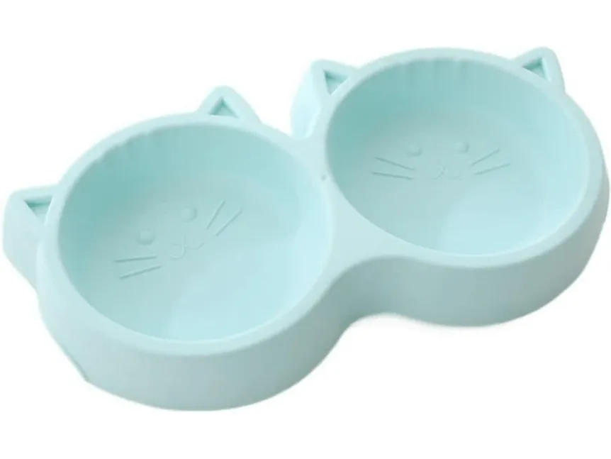 Plastic cat face shape pet double bowl