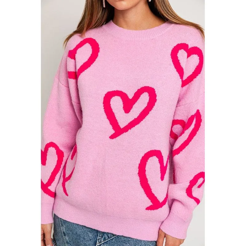 Round Neck Heart Printed Sweater