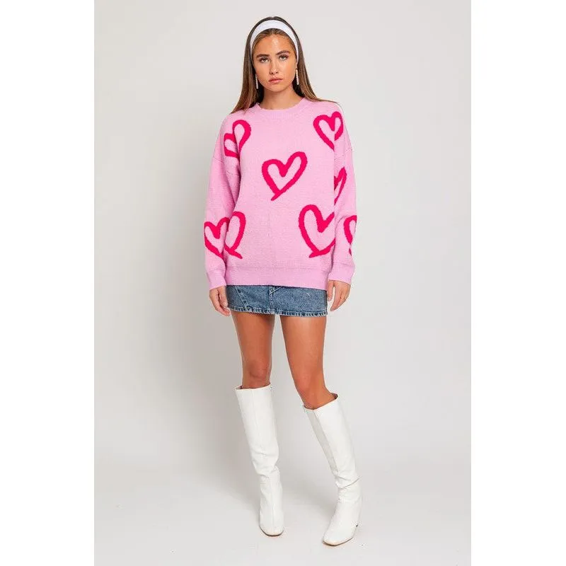 Round Neck Heart Printed Sweater