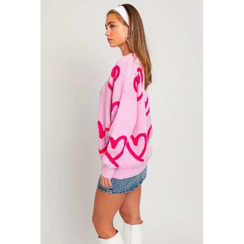 Round Neck Heart Printed Sweater