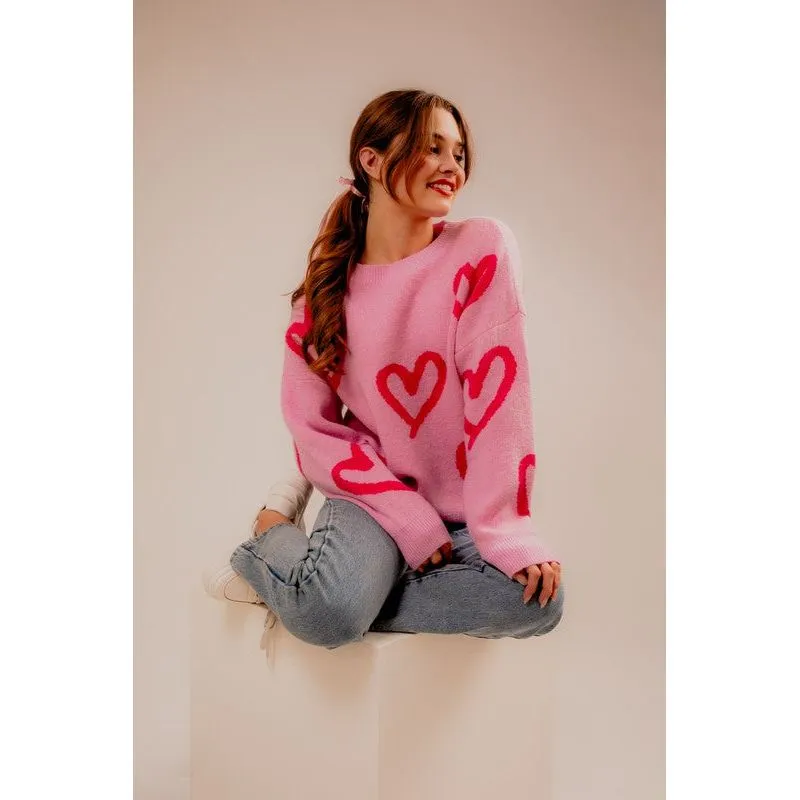 Round Neck Heart Printed Sweater