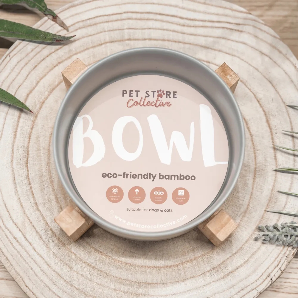 Silver Mist Ceramic Pet Bowl with Bamboo Base